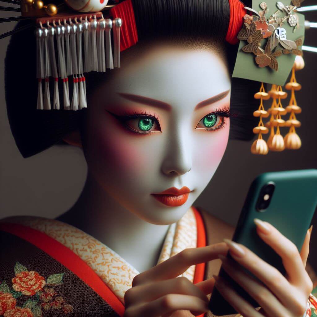 Wunderschöne Geisha mit strahlend grünen Augen schaut mit erötenden Wangen auf ihr Smartphone.