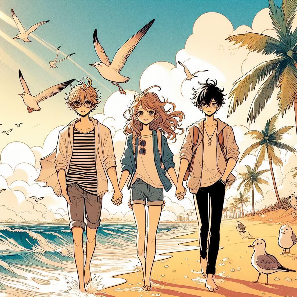 Manga style: Glückliche polyamores, rothaariges Mädchen läuft am Strand entlang und hat an jeder Hand einen verliebten Jungen. 