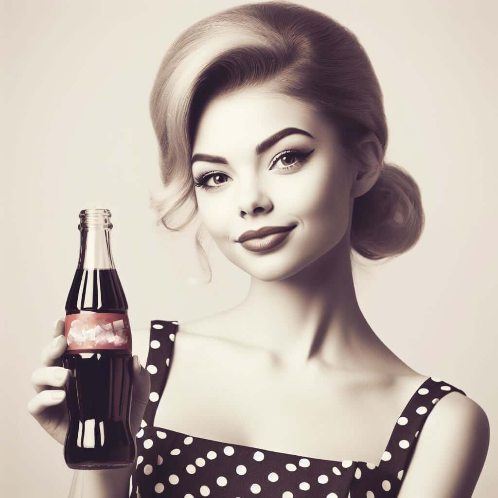 Sehr hüpsche Frau im Style der 1950er hält eine Flasche Cola!